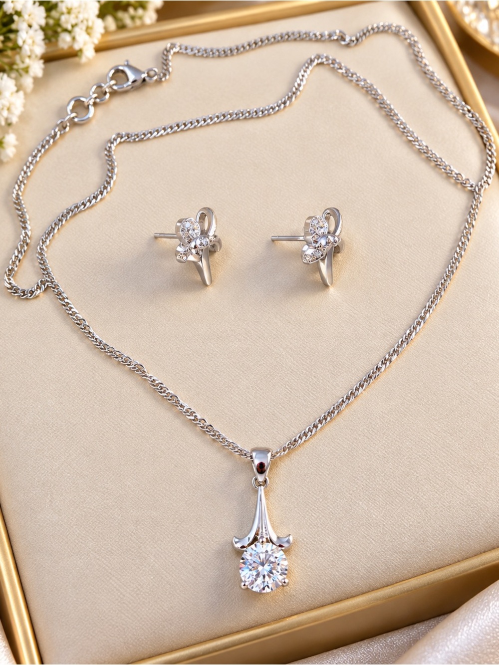 Stainless steel AAA CZ  set  Necklace & Earrings Set - Silver